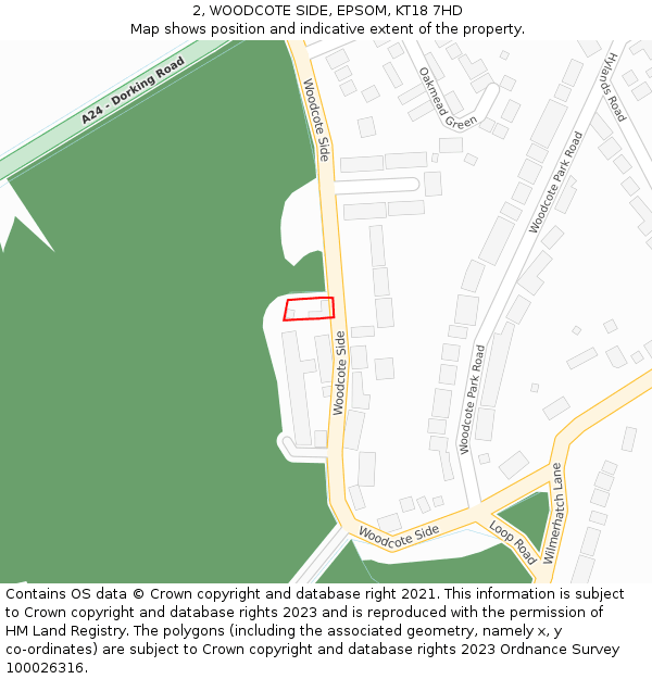 2, WOODCOTE SIDE, EPSOM, KT18 7HD: Location map and indicative extent of plot