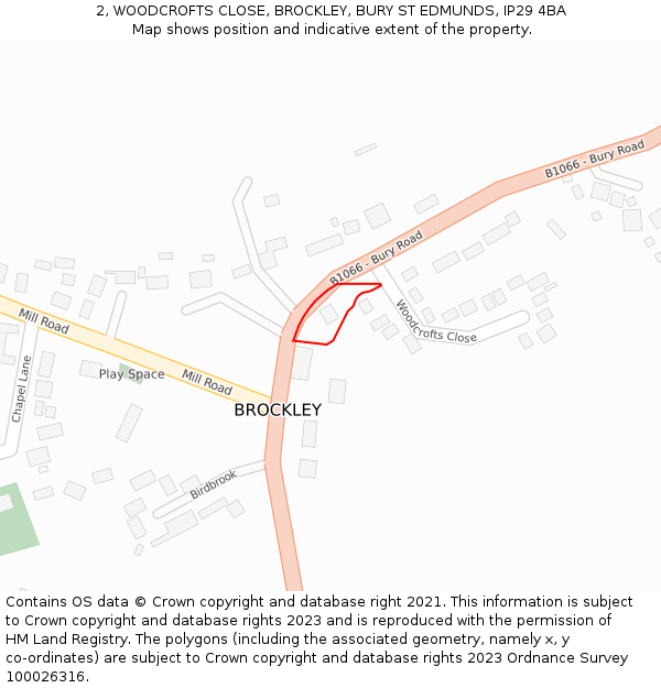 2, WOODCROFTS CLOSE, BROCKLEY, BURY ST EDMUNDS, IP29 4BA: Location map and indicative extent of plot