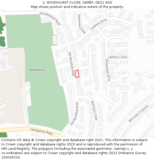2, WOODHURST CLOSE, DERBY, DE21 4SG: Location map and indicative extent of plot