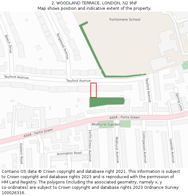 2, WOODLAND TERRACE, LONDON, N2 9NF: Location map and indicative extent of plot