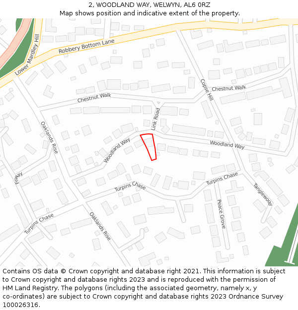 2, WOODLAND WAY, WELWYN, AL6 0RZ: Location map and indicative extent of plot