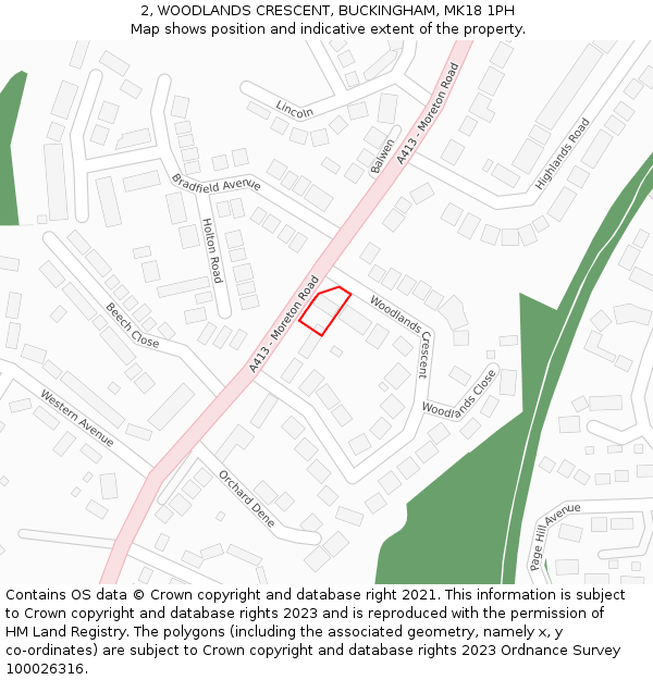 2, WOODLANDS CRESCENT, BUCKINGHAM, MK18 1PH: Location map and indicative extent of plot
