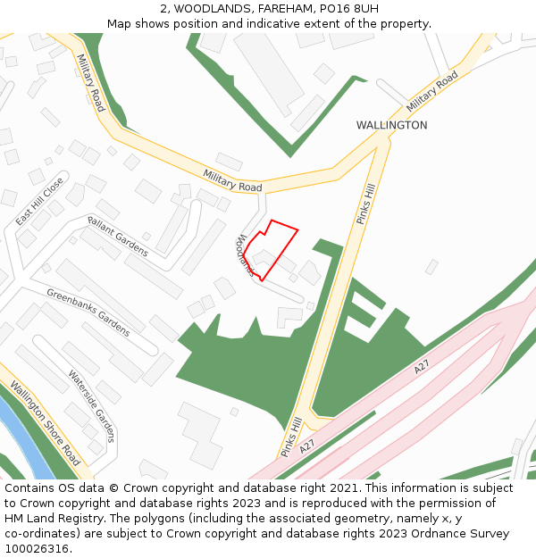 2, WOODLANDS, FAREHAM, PO16 8UH: Location map and indicative extent of plot