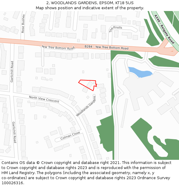 2, WOODLANDS GARDENS, EPSOM, KT18 5US: Location map and indicative extent of plot