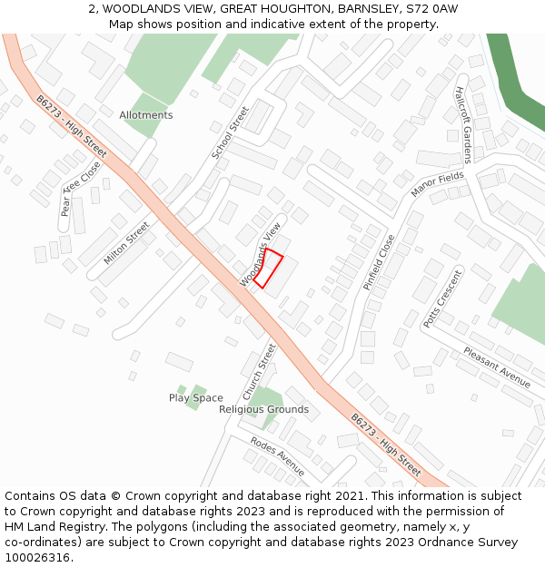 2, WOODLANDS VIEW, GREAT HOUGHTON, BARNSLEY, S72 0AW: Location map and indicative extent of plot