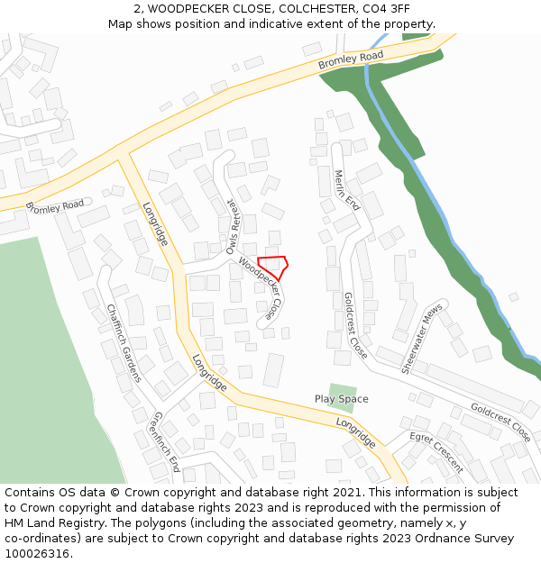 2, WOODPECKER CLOSE, COLCHESTER, CO4 3FF: Location map and indicative extent of plot