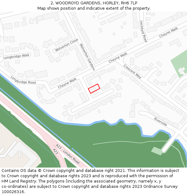 2, WOODROYD GARDENS, HORLEY, RH6 7LP: Location map and indicative extent of plot