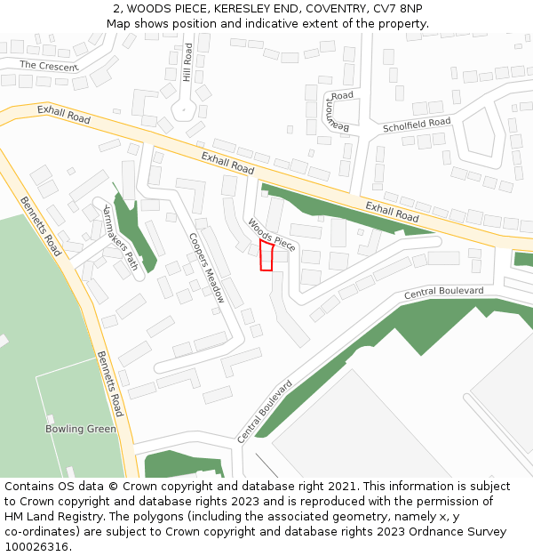 2, WOODS PIECE, KERESLEY END, COVENTRY, CV7 8NP: Location map and indicative extent of plot