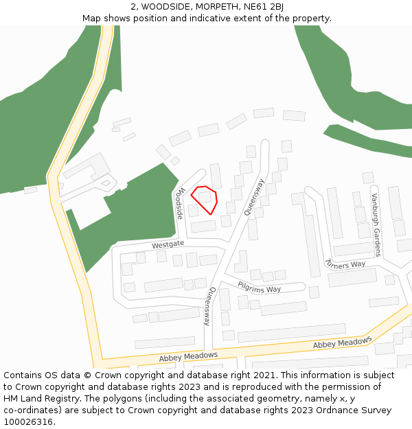 2, WOODSIDE, MORPETH, NE61 2BJ: Location map and indicative extent of plot