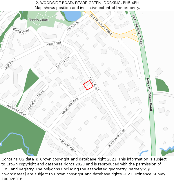 2, WOODSIDE ROAD, BEARE GREEN, DORKING, RH5 4RH: Location map and indicative extent of plot