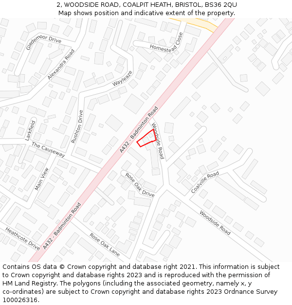 2, WOODSIDE ROAD, COALPIT HEATH, BRISTOL, BS36 2QU: Location map and indicative extent of plot