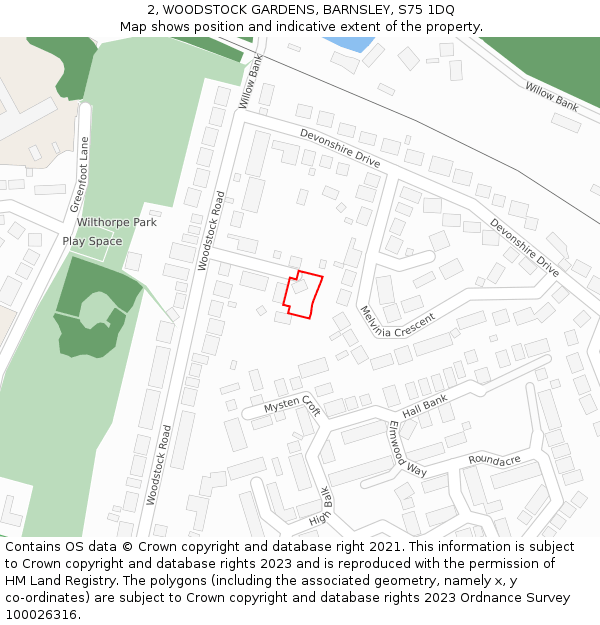 2, WOODSTOCK GARDENS, BARNSLEY, S75 1DQ: Location map and indicative extent of plot