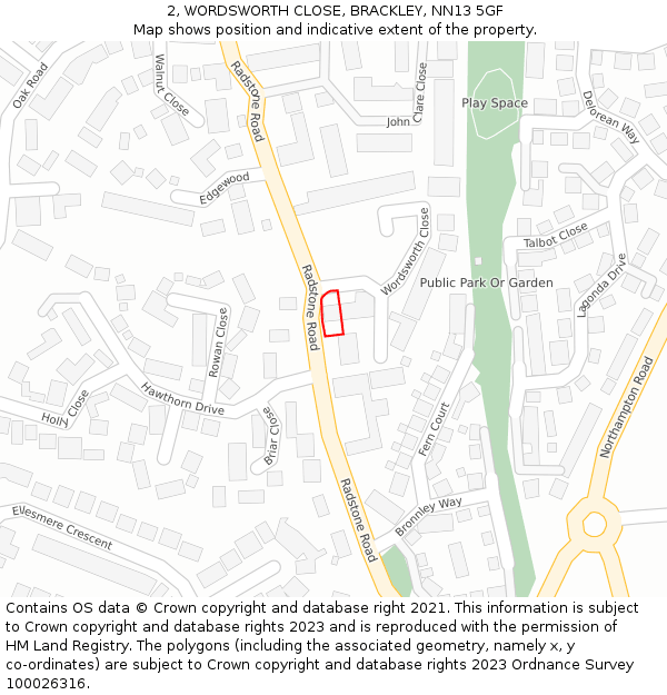 2, WORDSWORTH CLOSE, BRACKLEY, NN13 5GF: Location map and indicative extent of plot