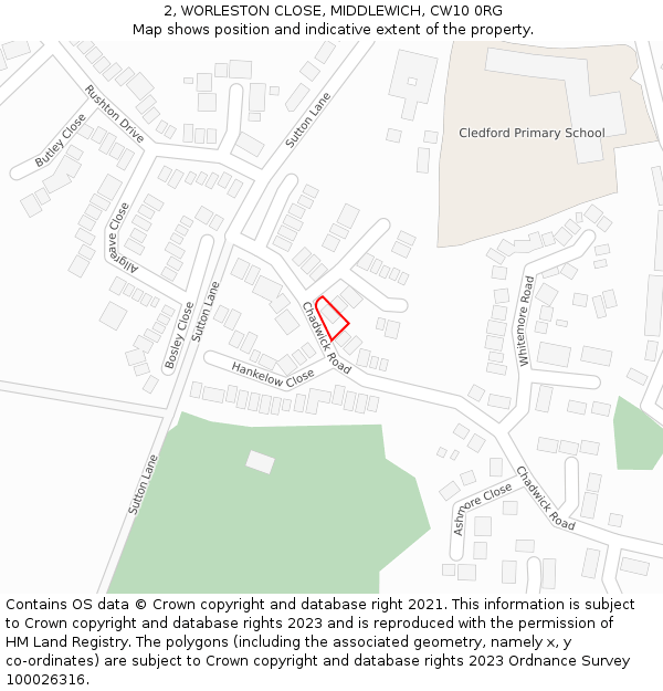 2, WORLESTON CLOSE, MIDDLEWICH, CW10 0RG: Location map and indicative extent of plot