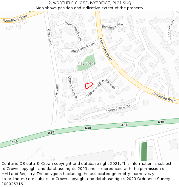 2, WORTHELE CLOSE, IVYBRIDGE, PL21 9UQ: Location map and indicative extent of plot