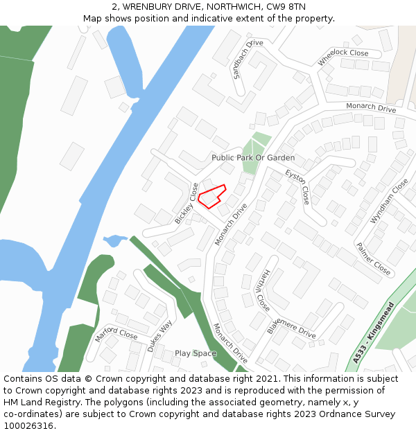 2, WRENBURY DRIVE, NORTHWICH, CW9 8TN: Location map and indicative extent of plot