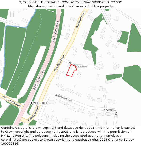2, YARROWFIELD COTTAGES, WOODPECKER WAY, WOKING, GU22 0SG: Location map and indicative extent of plot