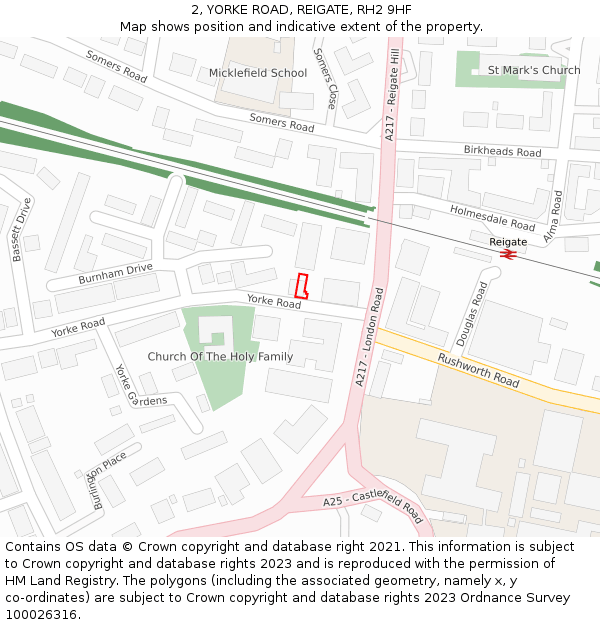 2, YORKE ROAD, REIGATE, RH2 9HF: Location map and indicative extent of plot