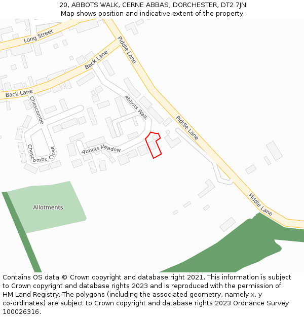 20, ABBOTS WALK, CERNE ABBAS, DORCHESTER, DT2 7JN: Location map and indicative extent of plot