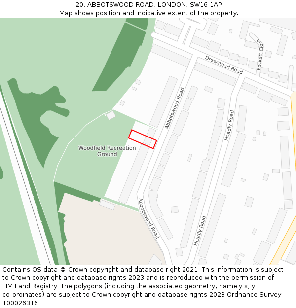 20, ABBOTSWOOD ROAD, LONDON, SW16 1AP: Location map and indicative extent of plot