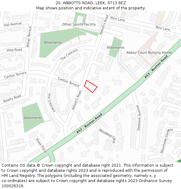 20, ABBOTTS ROAD, LEEK, ST13 6EZ: Location map and indicative extent of plot