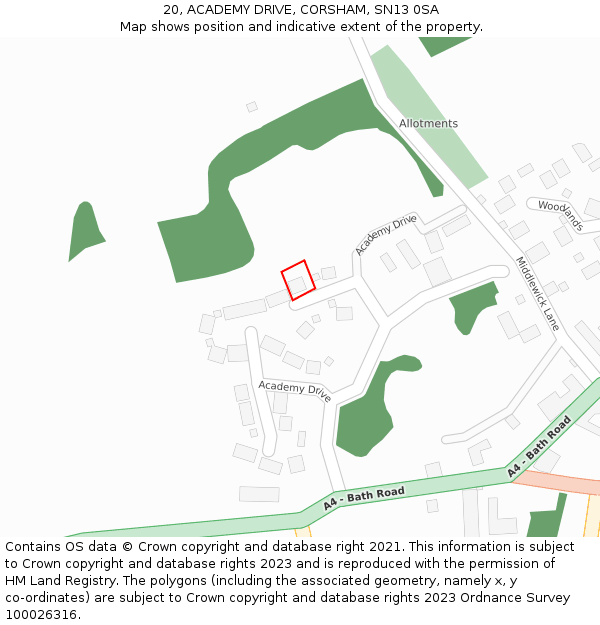20, ACADEMY DRIVE, CORSHAM, SN13 0SA: Location map and indicative extent of plot