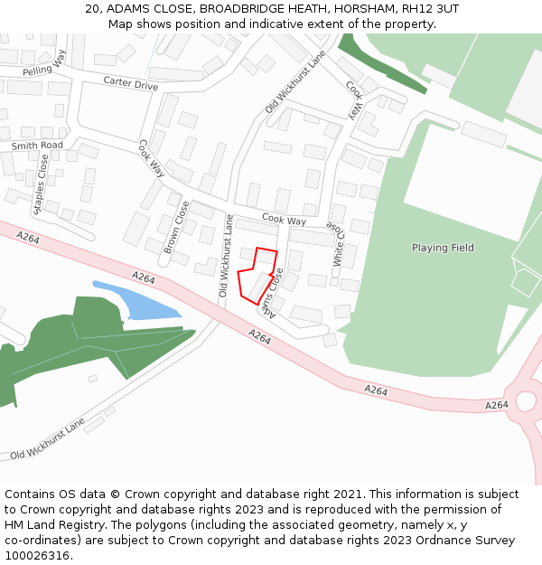 20, ADAMS CLOSE, BROADBRIDGE HEATH, HORSHAM, RH12 3UT: Location map and indicative extent of plot