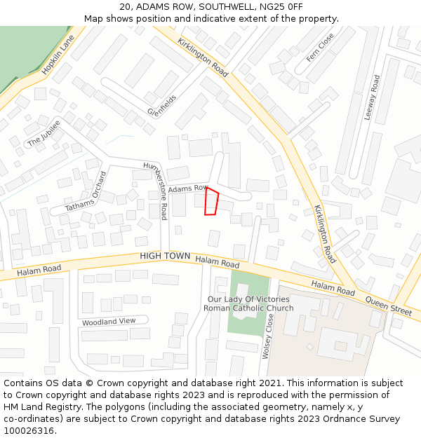 20, ADAMS ROW, SOUTHWELL, NG25 0FF: Location map and indicative extent of plot