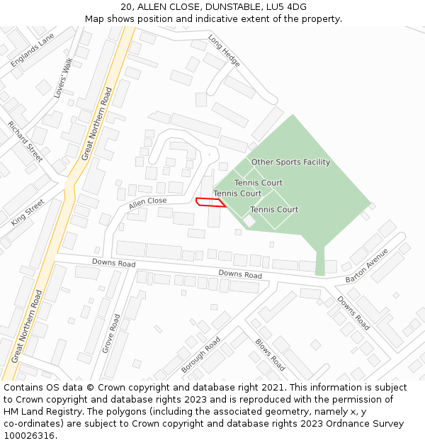 20, ALLEN CLOSE, DUNSTABLE, LU5 4DG: Location map and indicative extent of plot