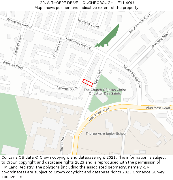 20, ALTHORPE DRIVE, LOUGHBOROUGH, LE11 4QU: Location map and indicative extent of plot