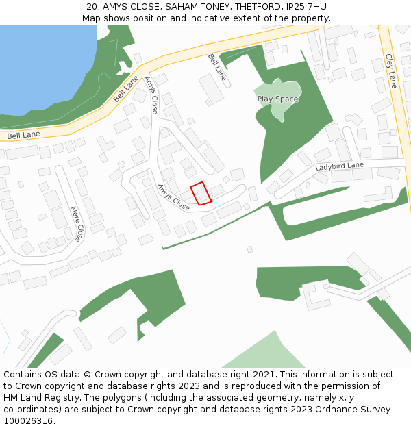 20, AMYS CLOSE, SAHAM TONEY, THETFORD, IP25 7HU: Location map and indicative extent of plot