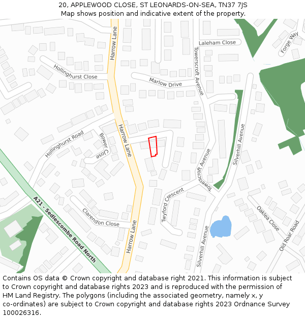 20, APPLEWOOD CLOSE, ST LEONARDS-ON-SEA, TN37 7JS: Location map and indicative extent of plot