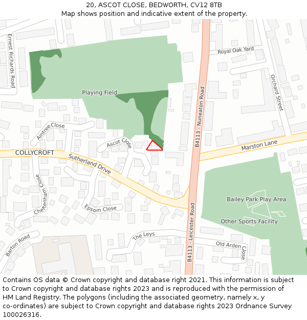 20, ASCOT CLOSE, BEDWORTH, CV12 8TB: Location map and indicative extent of plot