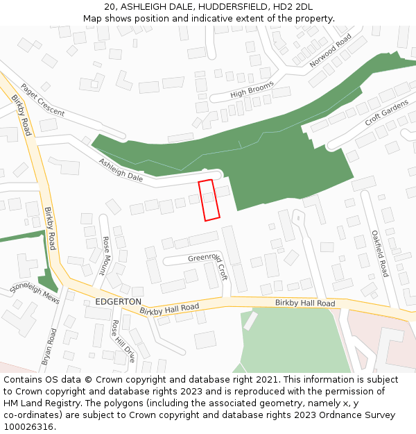 20, ASHLEIGH DALE, HUDDERSFIELD, HD2 2DL: Location map and indicative extent of plot