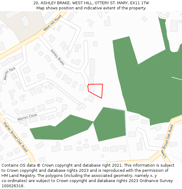 20, ASHLEY BRAKE, WEST HILL, OTTERY ST. MARY, EX11 1TW: Location map and indicative extent of plot