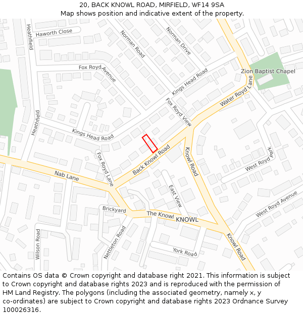 20, BACK KNOWL ROAD, MIRFIELD, WF14 9SA: Location map and indicative extent of plot