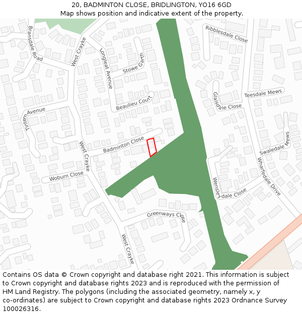 20, BADMINTON CLOSE, BRIDLINGTON, YO16 6GD: Location map and indicative extent of plot