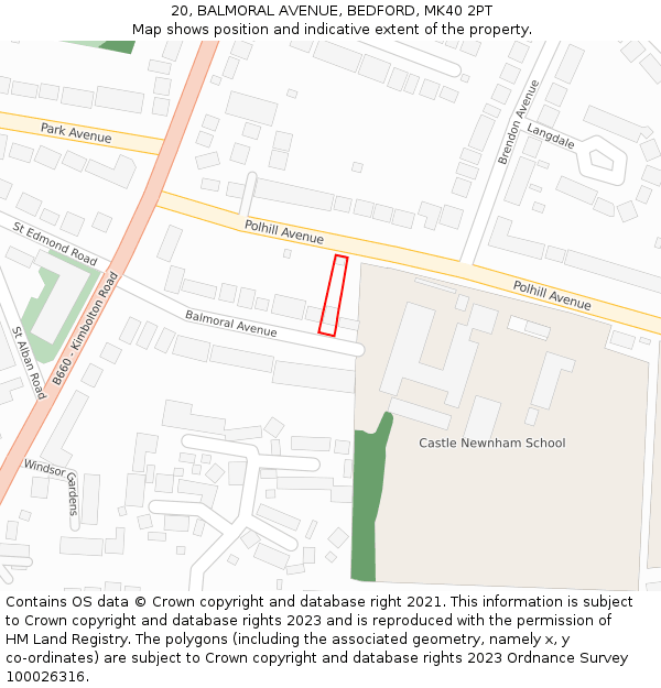 20, BALMORAL AVENUE, BEDFORD, MK40 2PT: Location map and indicative extent of plot