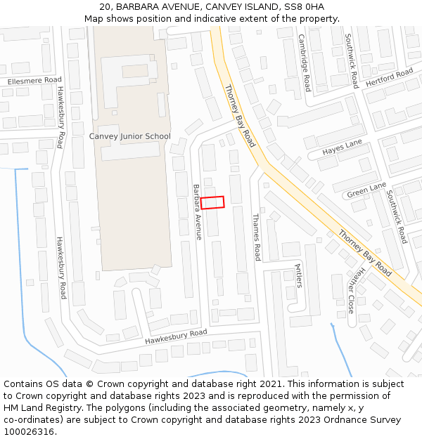 20, BARBARA AVENUE, CANVEY ISLAND, SS8 0HA: Location map and indicative extent of plot