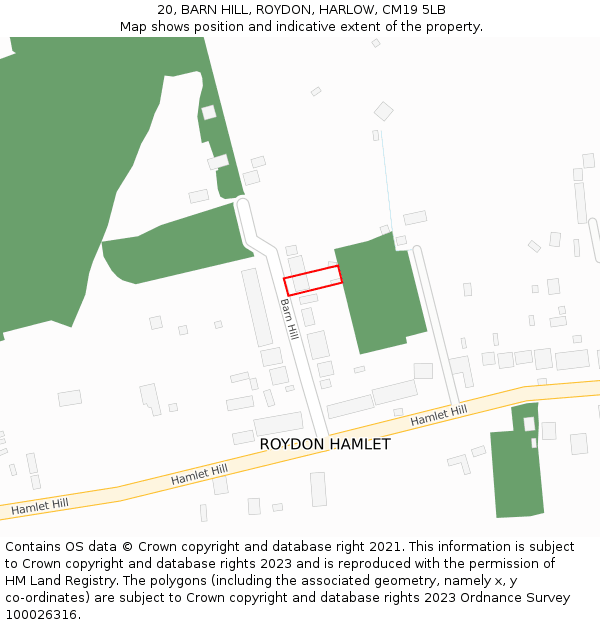 20, BARN HILL, ROYDON, HARLOW, CM19 5LB: Location map and indicative extent of plot