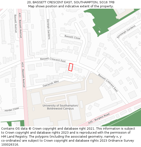 20, BASSETT CRESCENT EAST, SOUTHAMPTON, SO16 7PB: Location map and indicative extent of plot