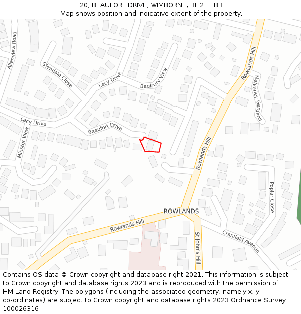 20, BEAUFORT DRIVE, WIMBORNE, BH21 1BB: Location map and indicative extent of plot