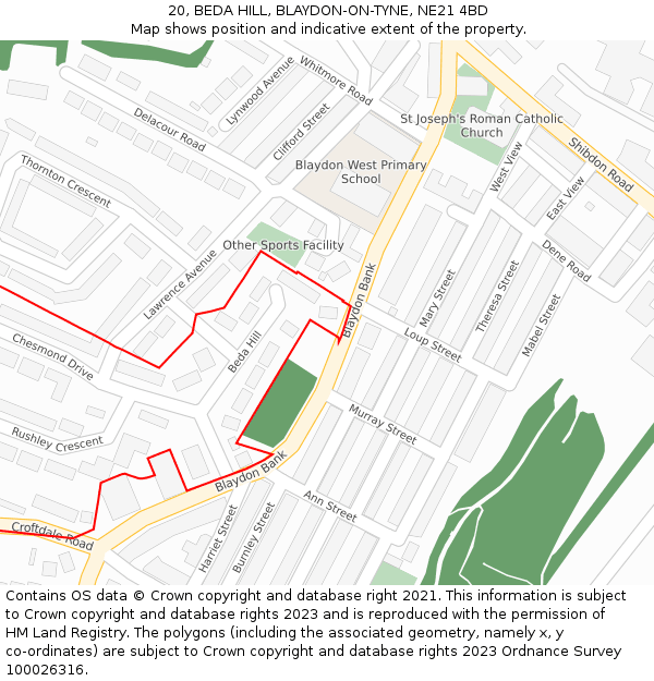 20, BEDA HILL, BLAYDON-ON-TYNE, NE21 4BD: Location map and indicative extent of plot