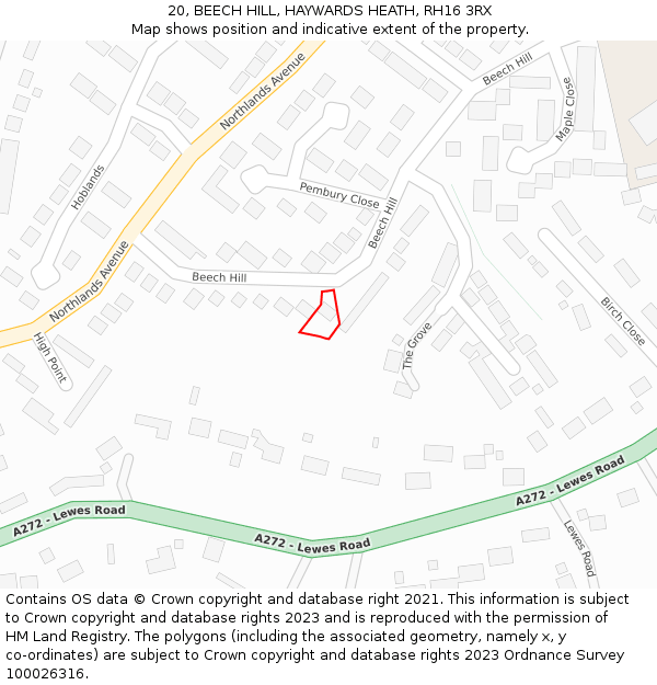 20, BEECH HILL, HAYWARDS HEATH, RH16 3RX: Location map and indicative extent of plot