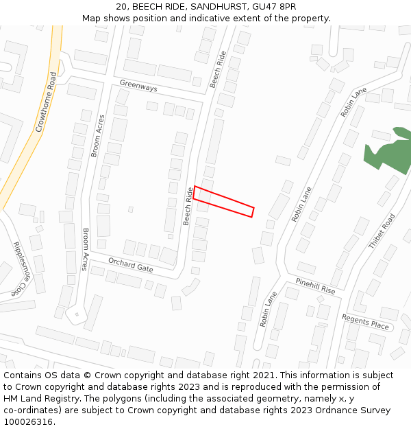 20, BEECH RIDE, SANDHURST, GU47 8PR: Location map and indicative extent of plot