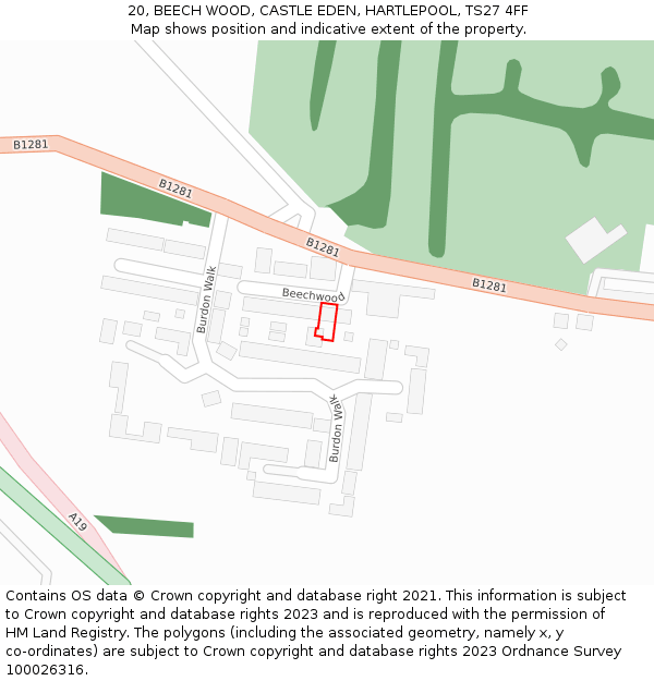 20, BEECH WOOD, CASTLE EDEN, HARTLEPOOL, TS27 4FF: Location map and indicative extent of plot