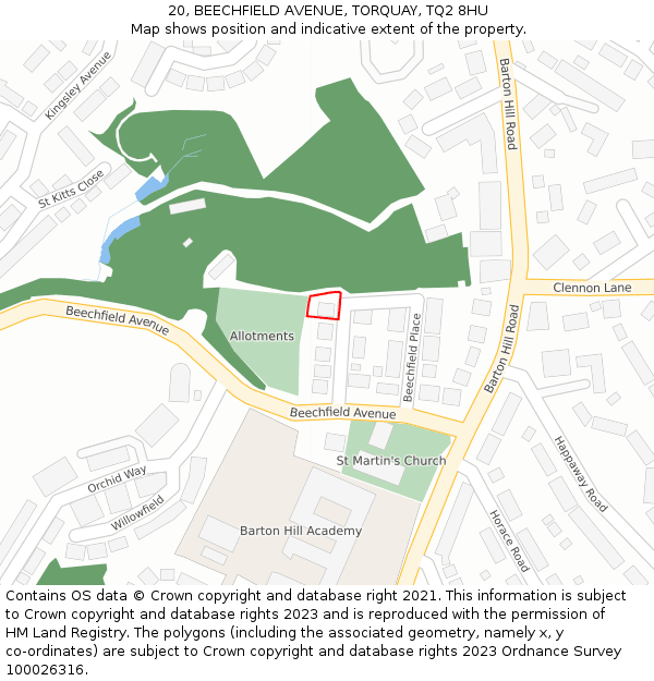 20, BEECHFIELD AVENUE, TORQUAY, TQ2 8HU: Location map and indicative extent of plot