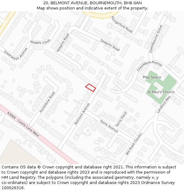 20, BELMONT AVENUE, BOURNEMOUTH, BH8 0AN: Location map and indicative extent of plot