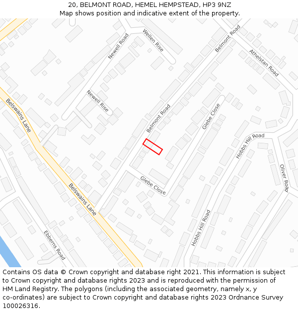 20, BELMONT ROAD, HEMEL HEMPSTEAD, HP3 9NZ: Location map and indicative extent of plot