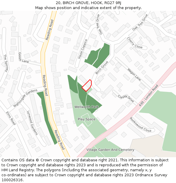 20, BIRCH GROVE, HOOK, RG27 9RJ: Location map and indicative extent of plot